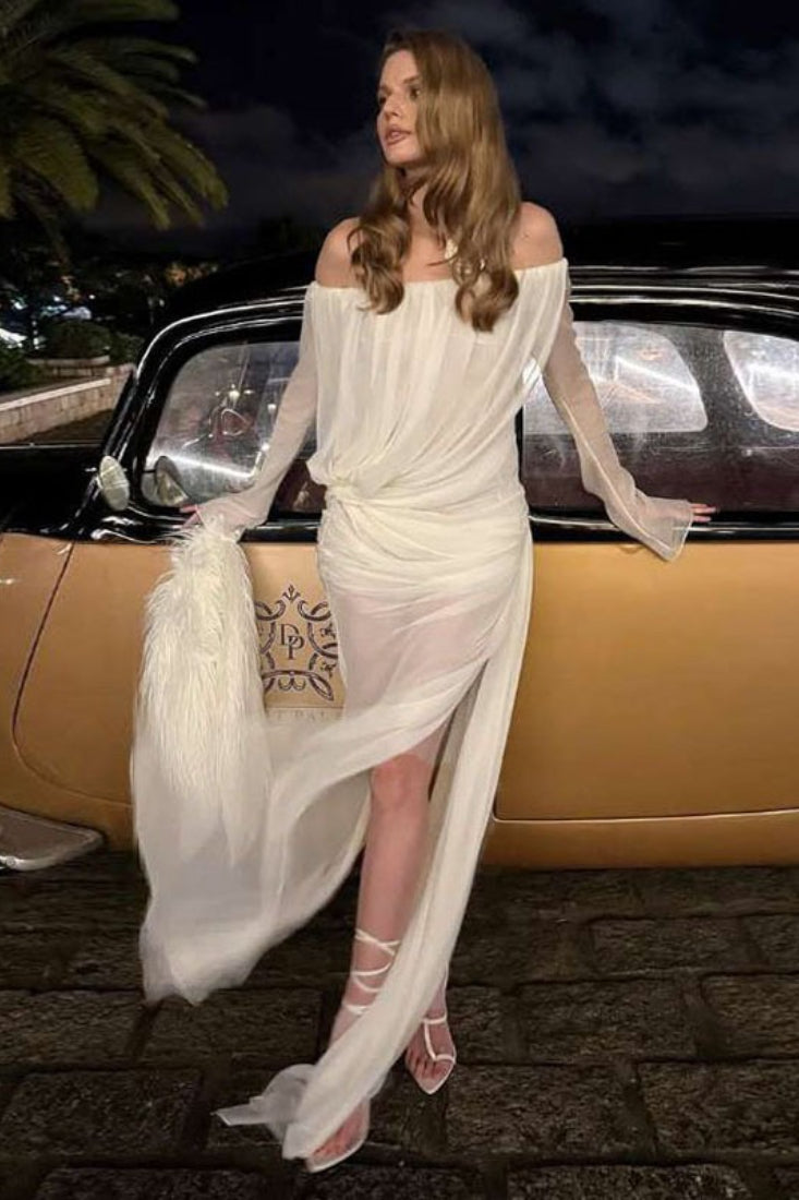 Pevné síťované průsvitné šaty s odhalenými rameny a řasením, elegantní maxi délka