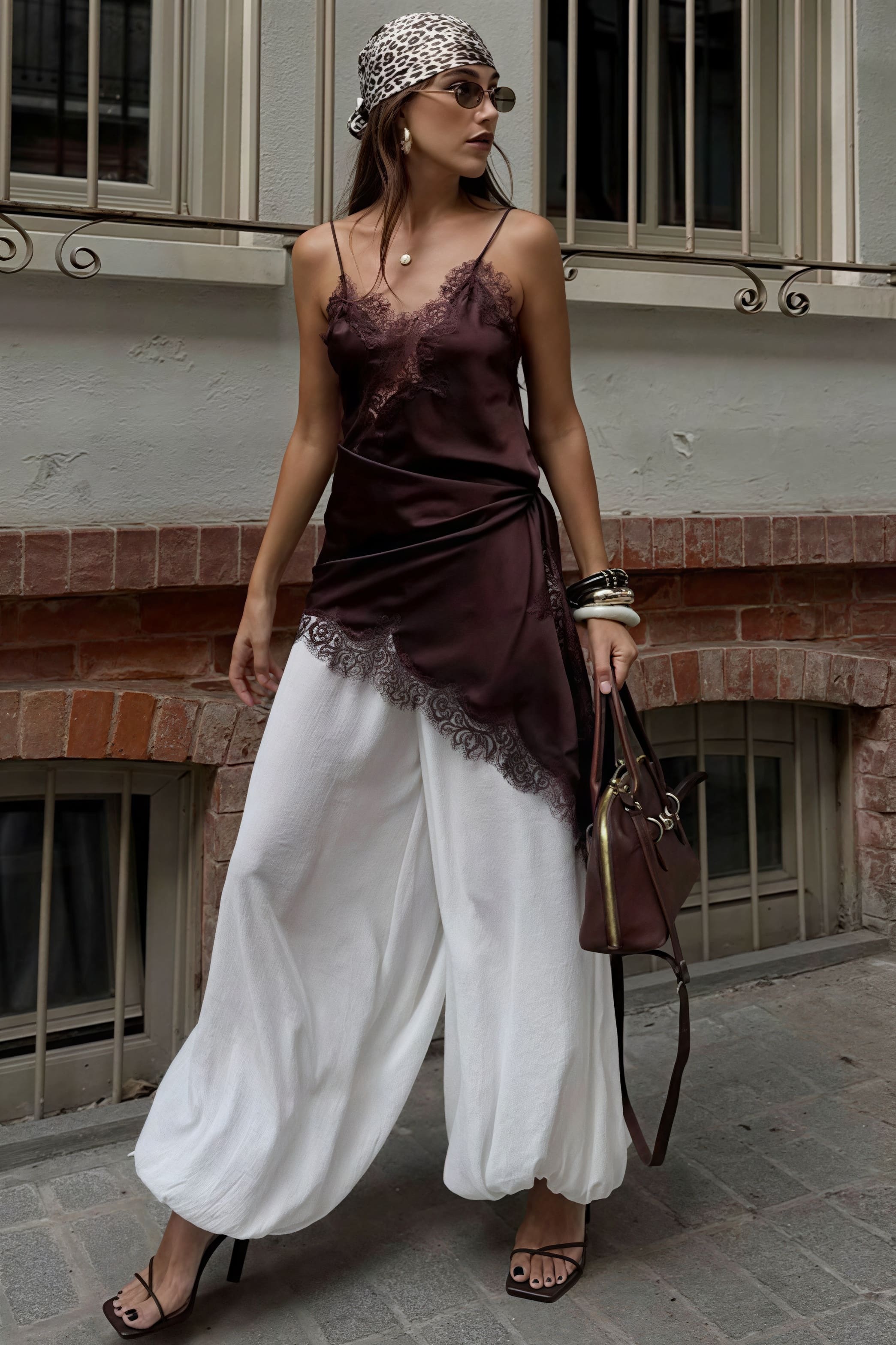 Lace Trim Patchwork Low Cut Asymmetrical Slit Cami Top