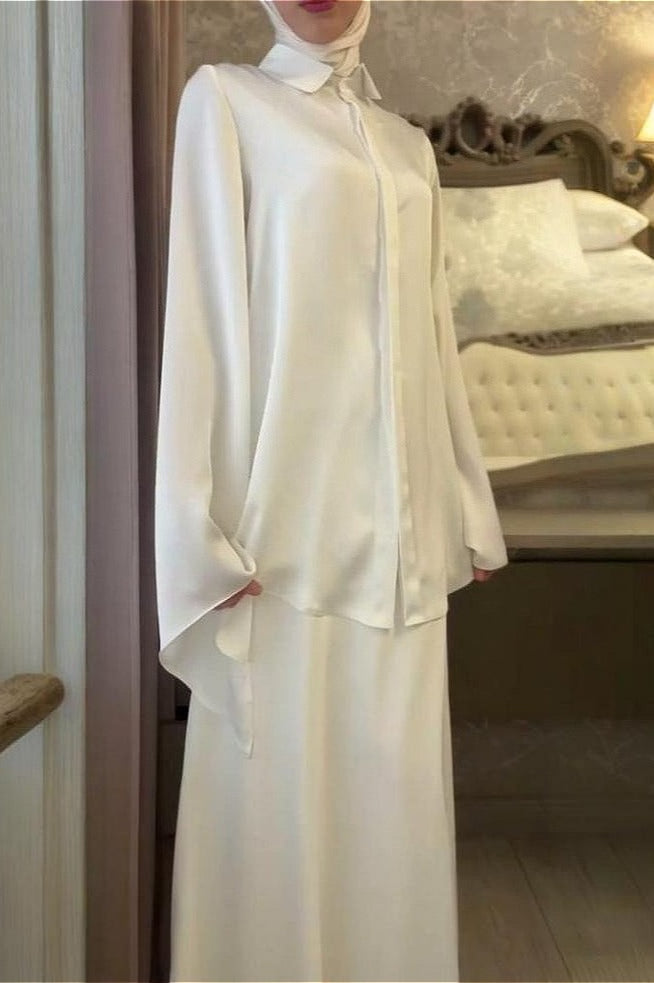 Vintage Satin Blouse with Fitted Skirt Two Piece Set