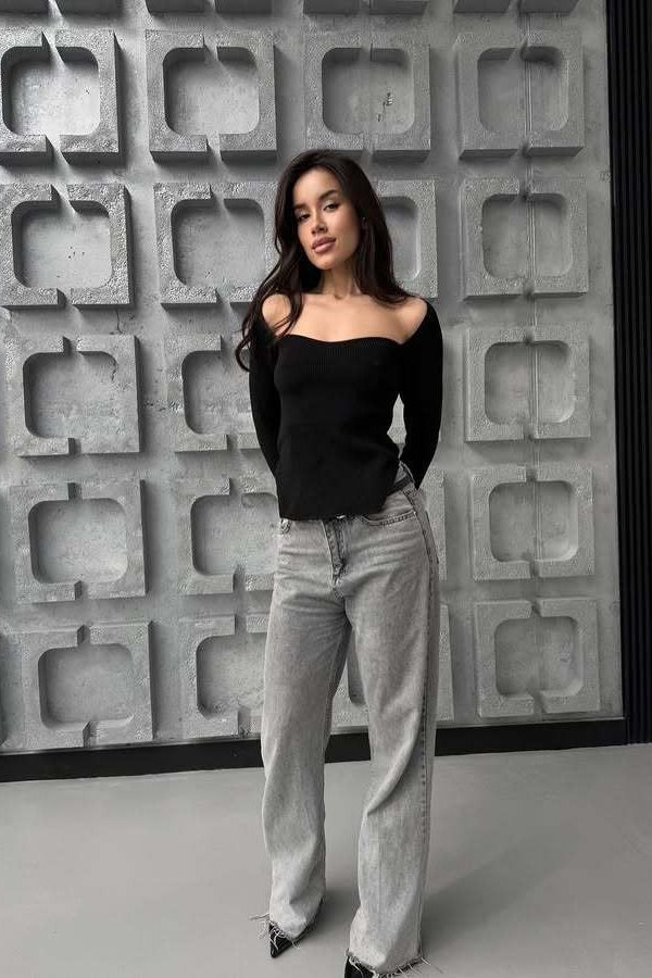 Stretch-Rippstrick-Oberteil mit langen Ärmeln