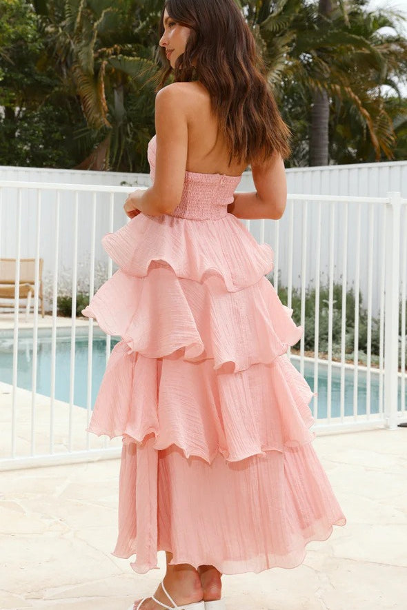 Fashion Strapless Backless Ruffle Tiered Midi Dress