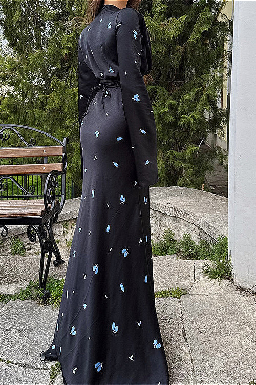 Elegantes Maxikleid aus Satin mit V-Ausschnitt, langen Ärmeln und Taillenschleife, floralem Muster