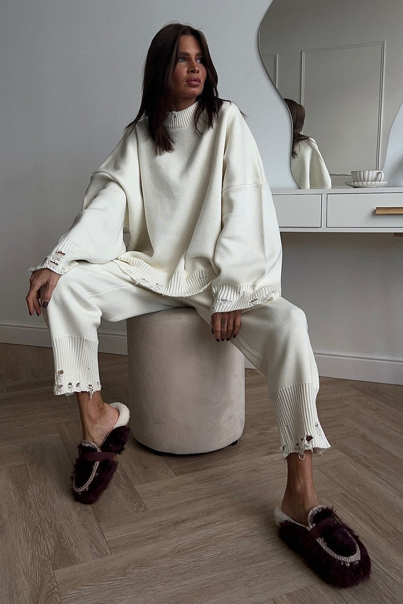 Solider grob gestrickter Pullover mit Rundhalsausschnitt, zweiteiliges Set