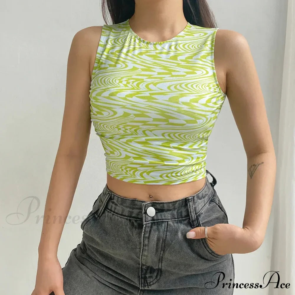 90s Aesthetics Striped Print Crops Summer Streetwear Sleeveless O-neck Green Baby Women Vests Tank top