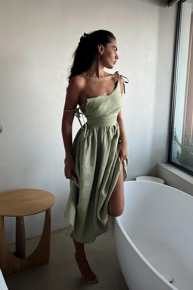 Cotton V Neck Spaghetti Strap Elegant Tie Backless Midi Dress