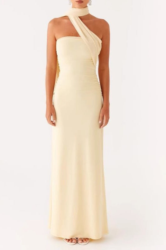 Vestido largo de fiesta con tirantes finos y malla teñida anudada