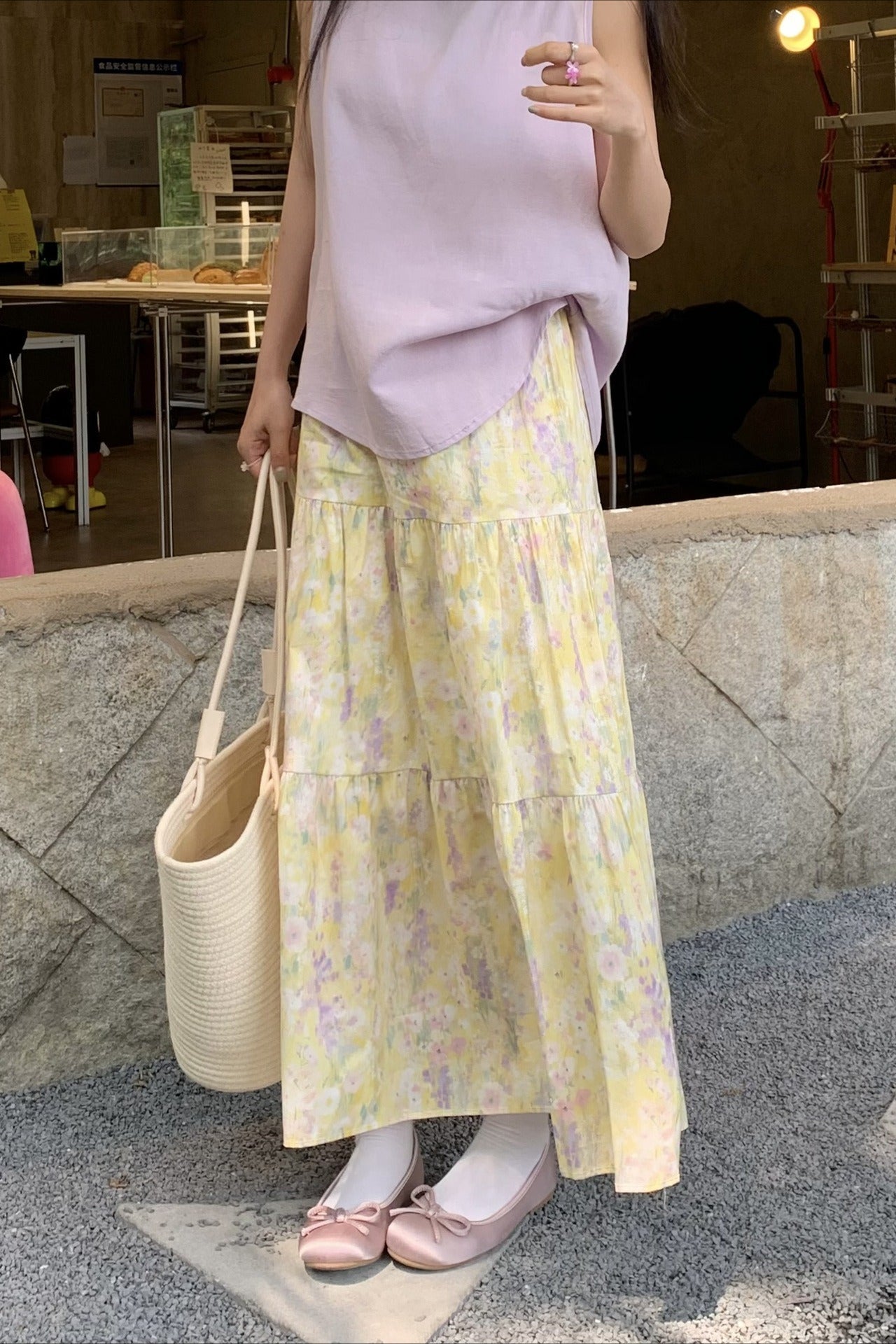 Monet Garden Yellow Floral Midi Skirt