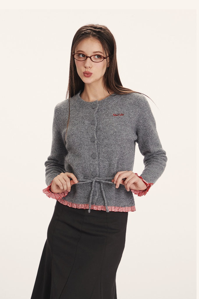 Panel-Design Waist-Cinched Slim Knit Cardigan