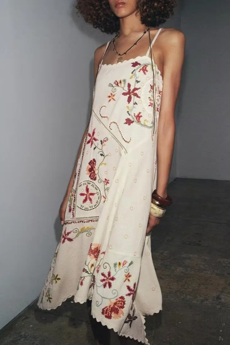 Floral Embroidered Asymmetric Boho Dress