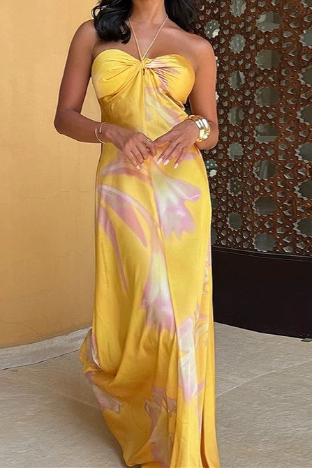 Bedrucktes, rückenfreies, trägerloses Strand-Maxikleid