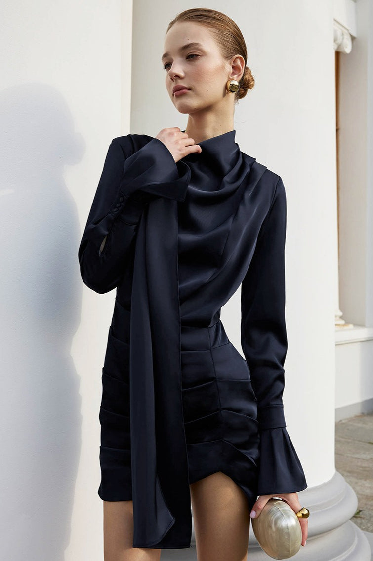 Matte Satin Bell Sleeve Stand Collar Elegant Mini Dress