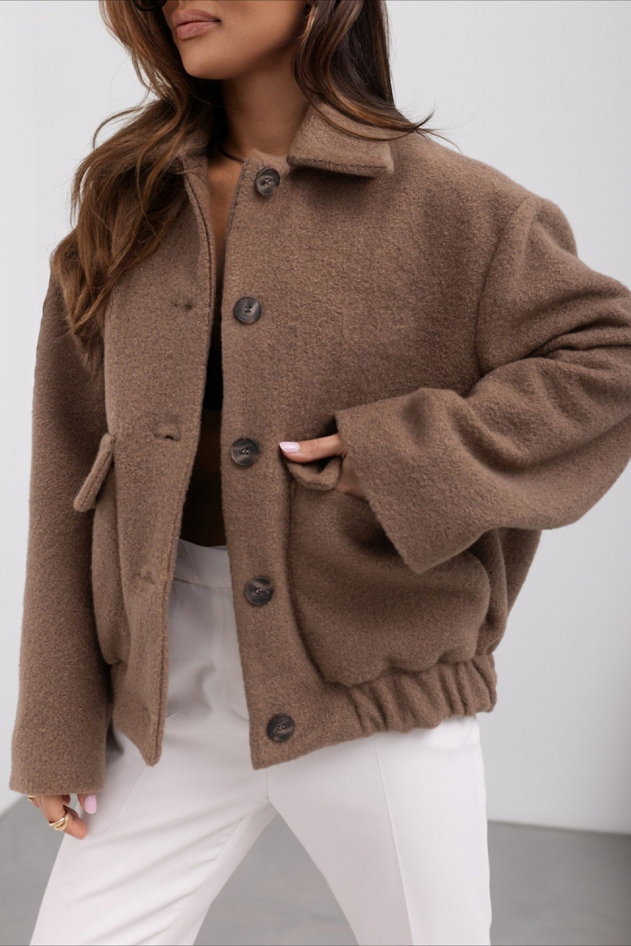 Abrigo de Lana Sólida a la Moda con Bolsillo, Elástico y Broche