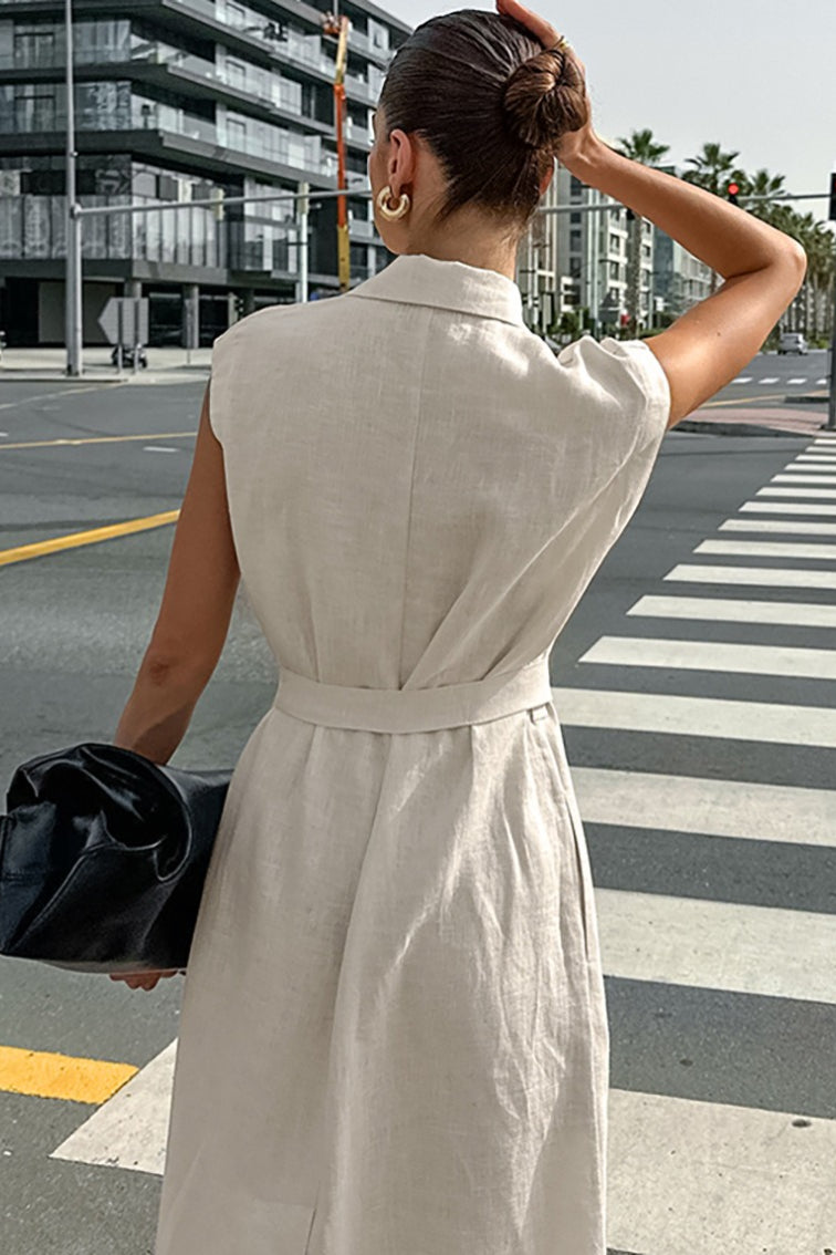 Vestido largo de lino y algodón con cintura alta, abertura y lazo