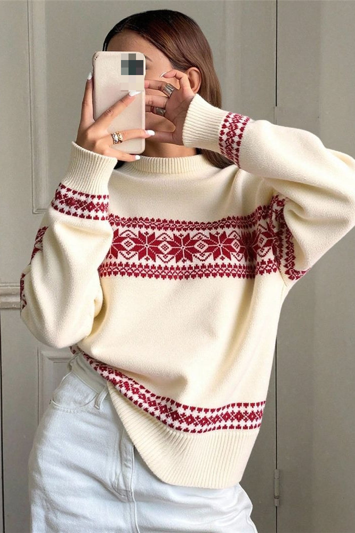 Minimalist Color Block Snowflake Stripe Sweater