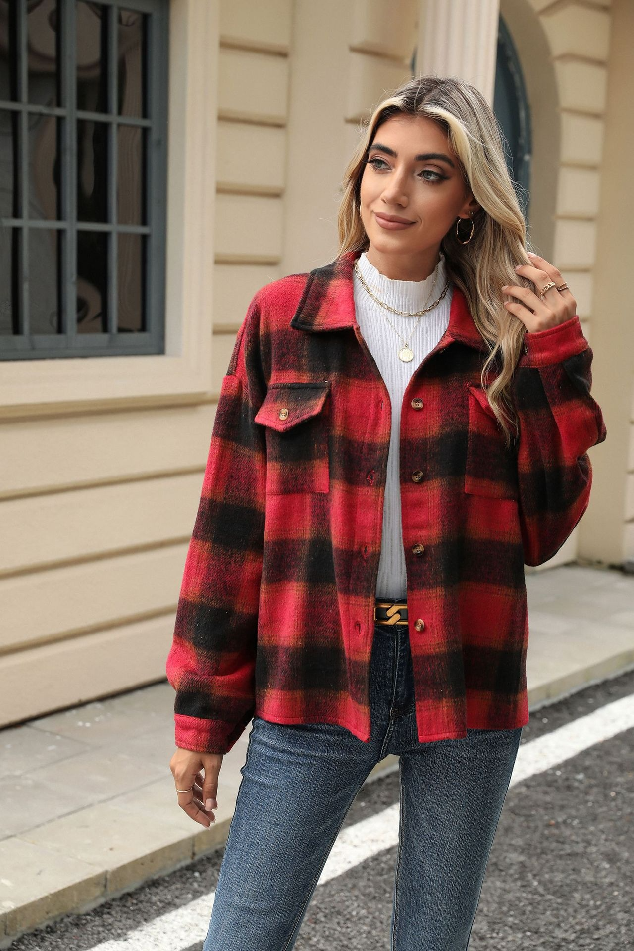 Loose Plaid Lapel Faux Wool Long Sleeve Coat