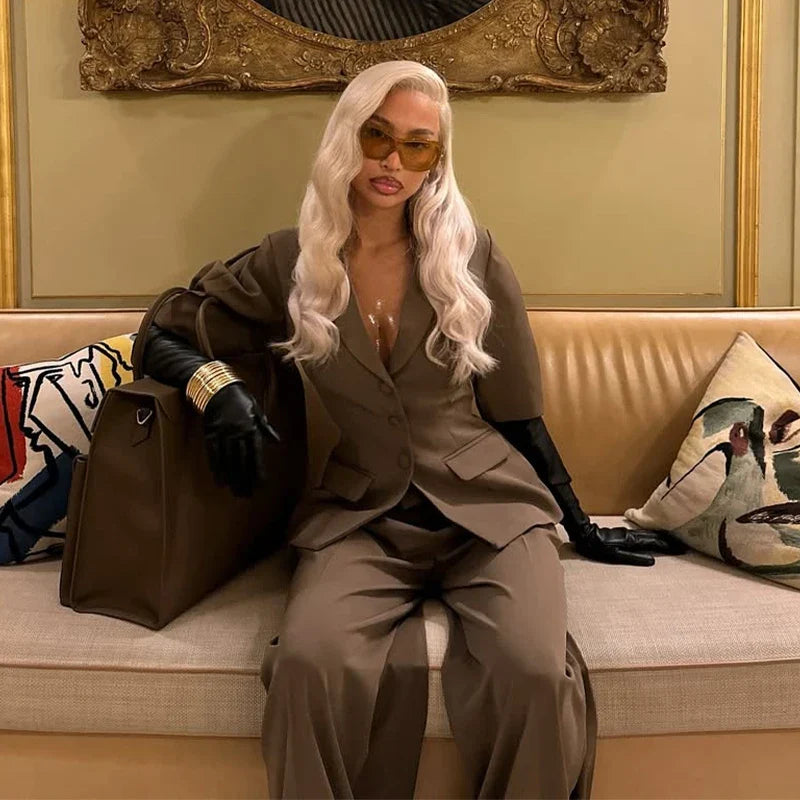 Puff Sleeve Blazer Wide Trousers Office Two Piece Set