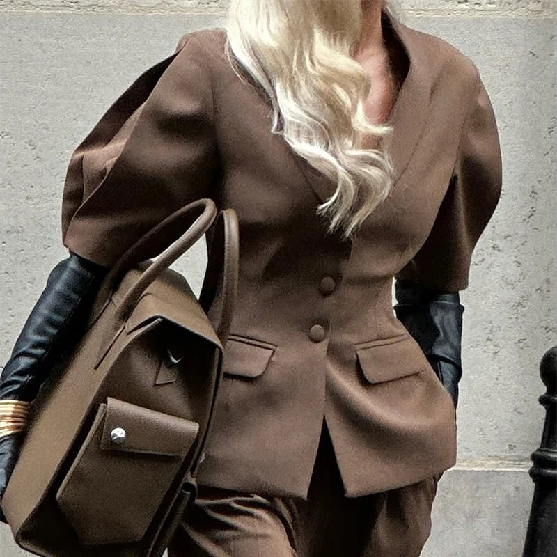 Veste à manches bouffantes Pantalon large Ensemble de bureau deux pièces