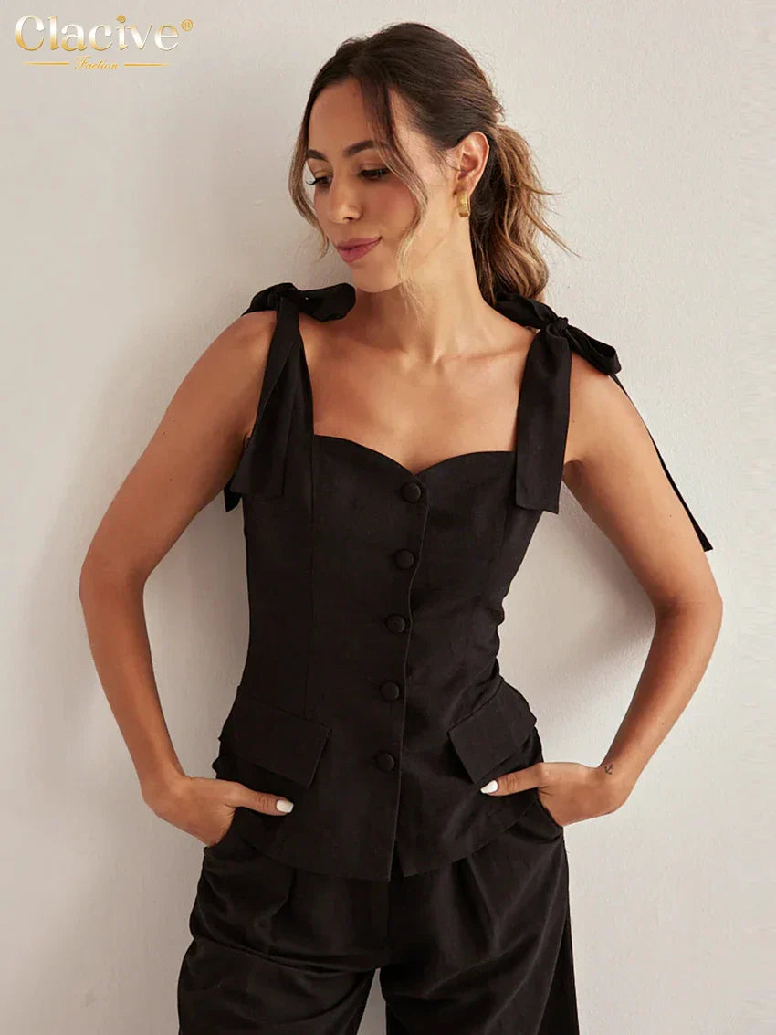 Conjunto de dos piezas de oficina sin mangas ajustado de algodón negro