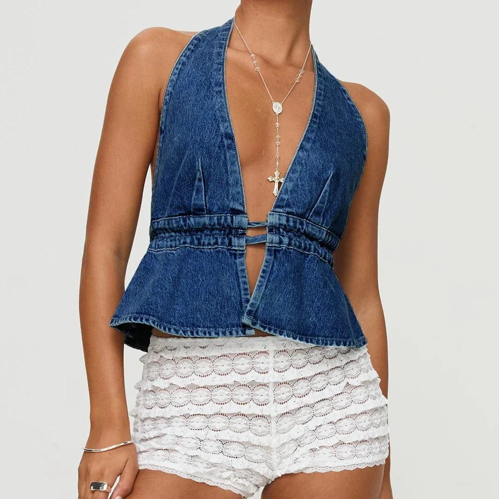Bow Tie-Up Denim Crop Top