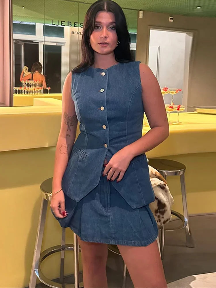 Conjunto de Dois Peças Jeans Liso com Botão e Sem Manga para Escritório