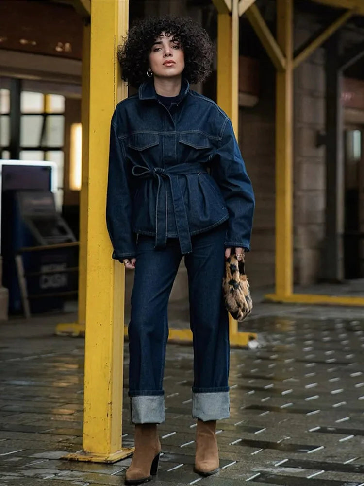 Denim Jacket Belted Trousers Office Two Piece Set