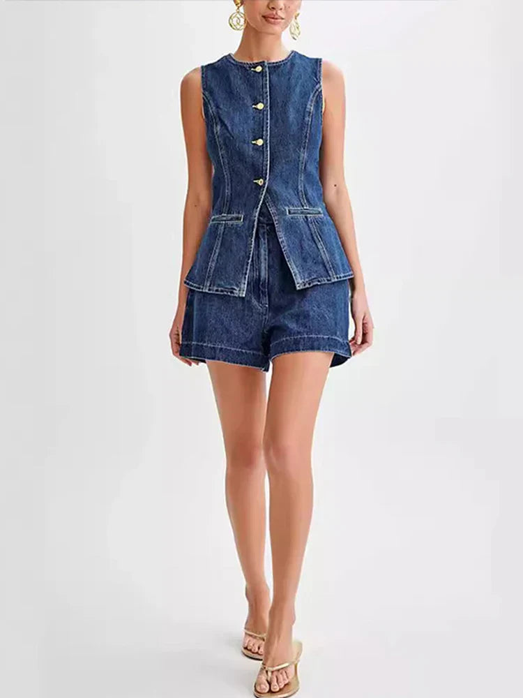 Denim O-neck Sleeveless Shorts Office Two Piece Set