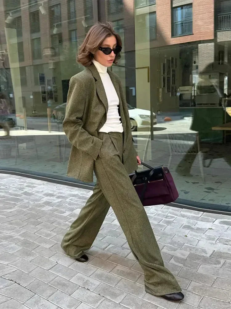 Lapel Blazer Long Sleeve Trousers Office Two Piece Set