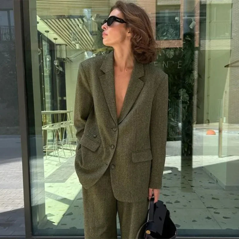 Lapel Blazer Long Sleeve Trousers Office Two Piece Set