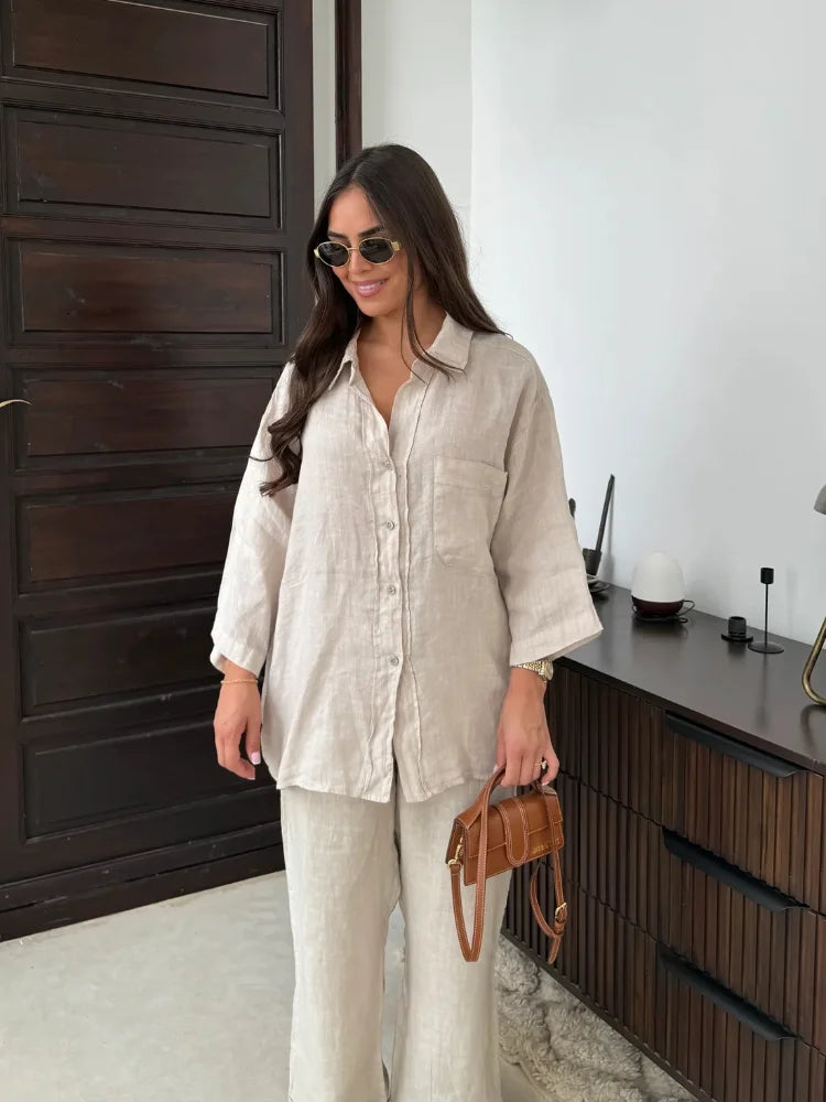 Pink Cotton Linen Loose Wide Office Two Piece Set