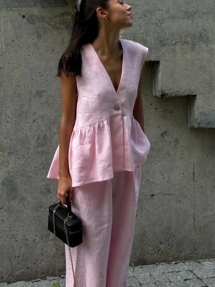 Pink Cotton Linen Loose Wide Office Two Piece Set