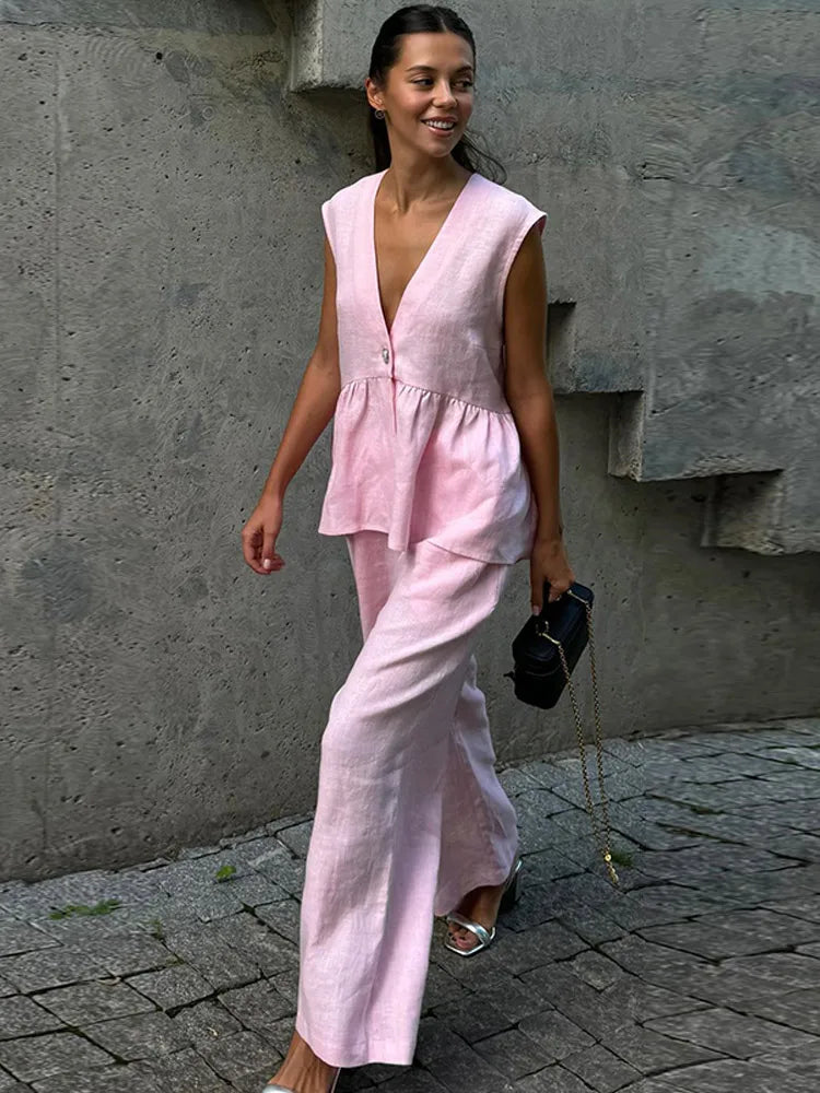 Pink Cotton Linen Loose Wide Office Two Piece Set