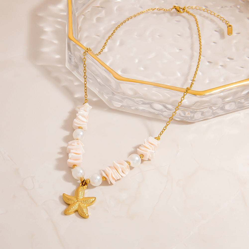 Collier en acier inoxydable avec perle en pierre naturelle, étoile de mer et soleil