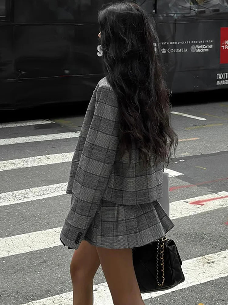 Ensemble de bureau deux pièces à col à revers plissé à carreaux rétro