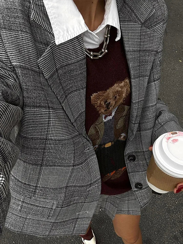 Ensemble de bureau deux pièces à col à revers plissé à carreaux rétro