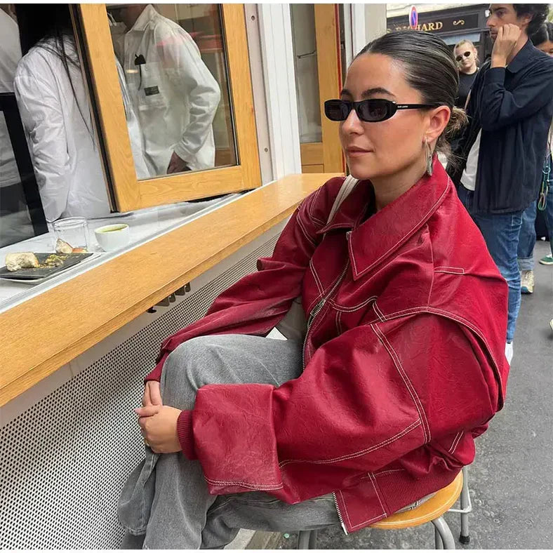 Pauline – Veste en cuir oversize rouge femme