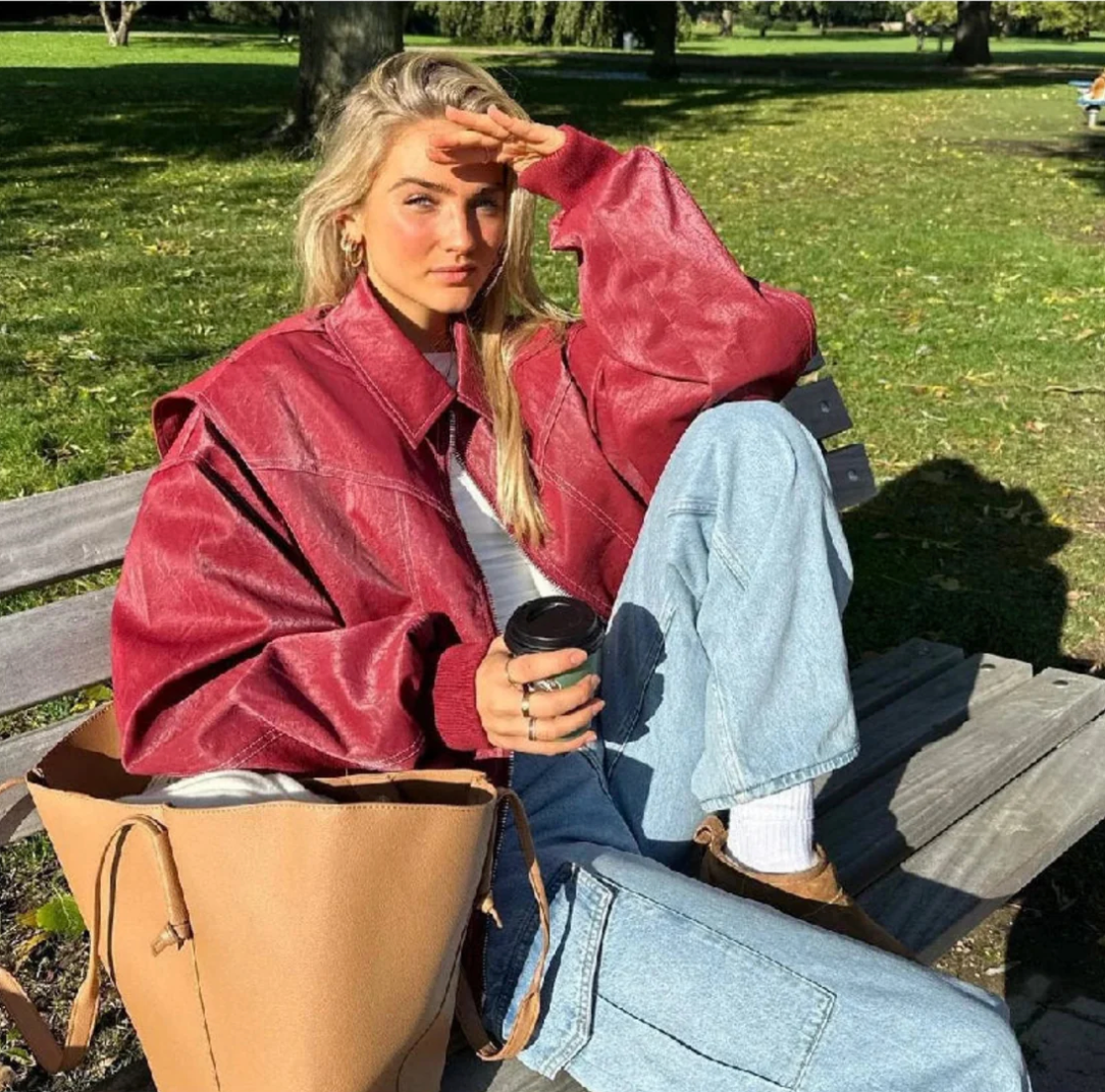 Pauline – Veste en cuir oversize rouge femme