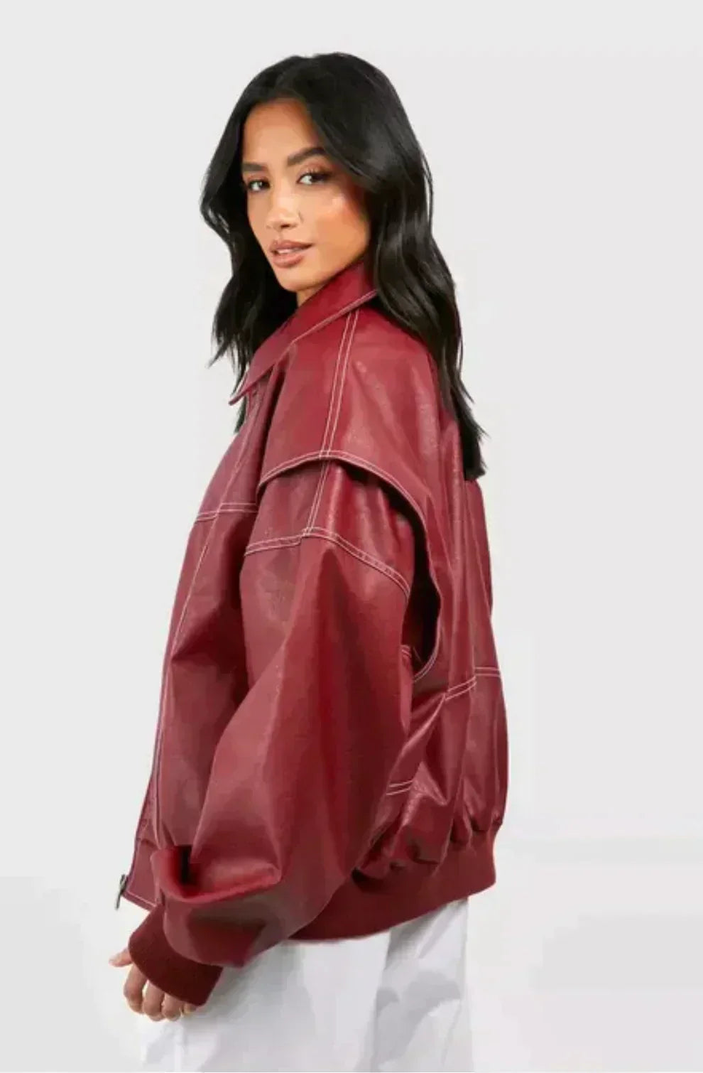 Pauline – Veste en cuir oversize rouge femme