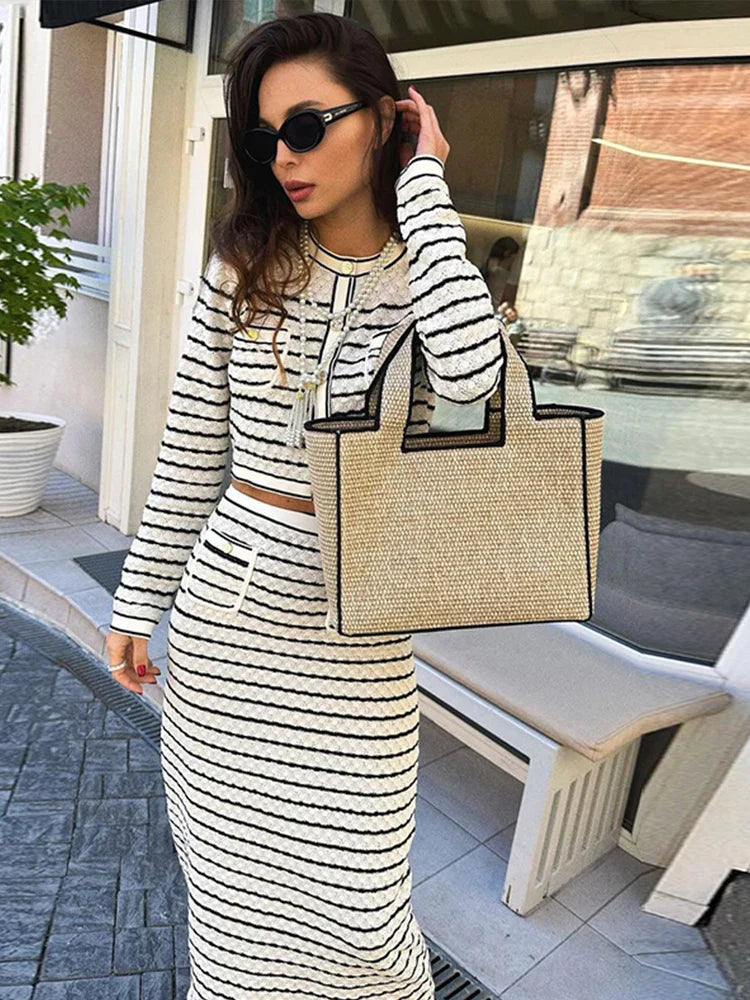 Striped Hollow Knitted High Waist Office Two Piece Set