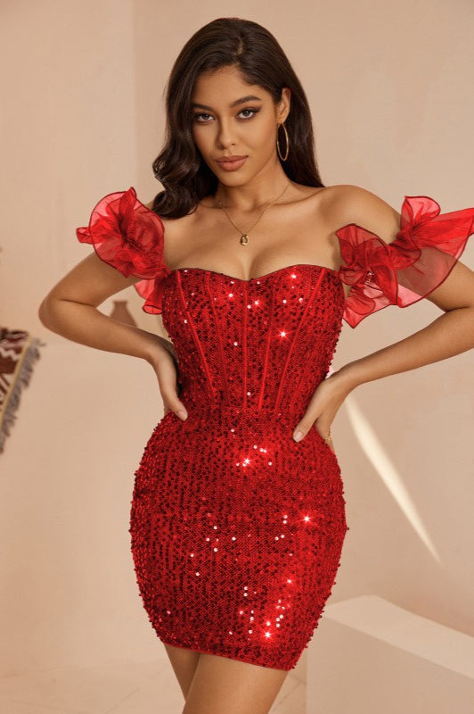 Vestido de Festa Mini Elegante com Paetês para Noite