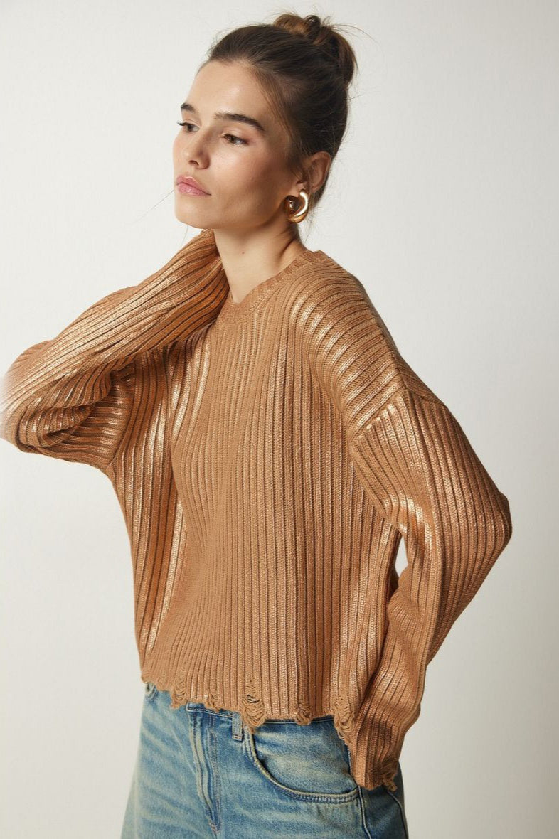Solid Simple Silver Foil Loose Slim Long Sleeve Sweater
