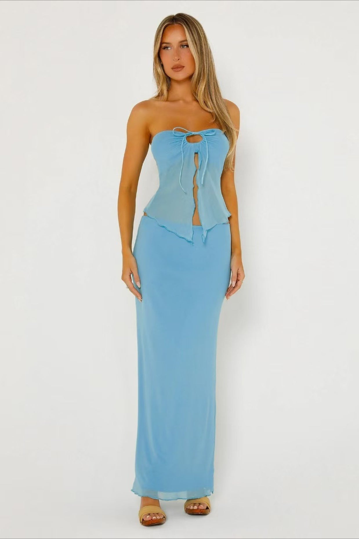 Doppelter Netzstoff trägerloses bauchfreies eng anliegendes Rock-Set