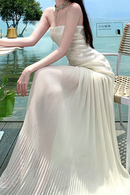 Pailletten-Patchwork Trägerloses Fließendes Maxikleid