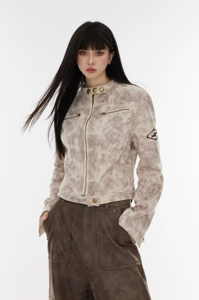 Cropped Tie-Dye Stand Collar Jacket