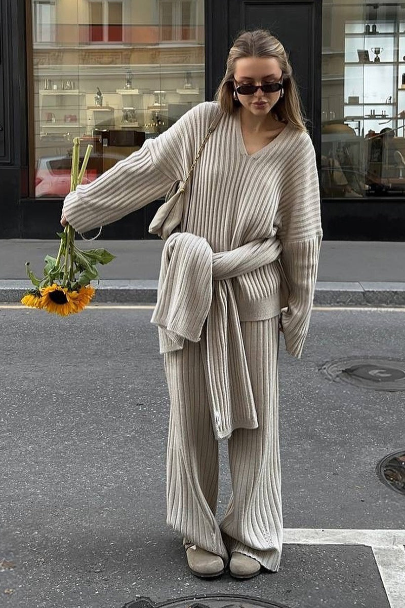 Relaxed Fit V Neck Ribbed Sweater with Pants Two Piece Pants Set