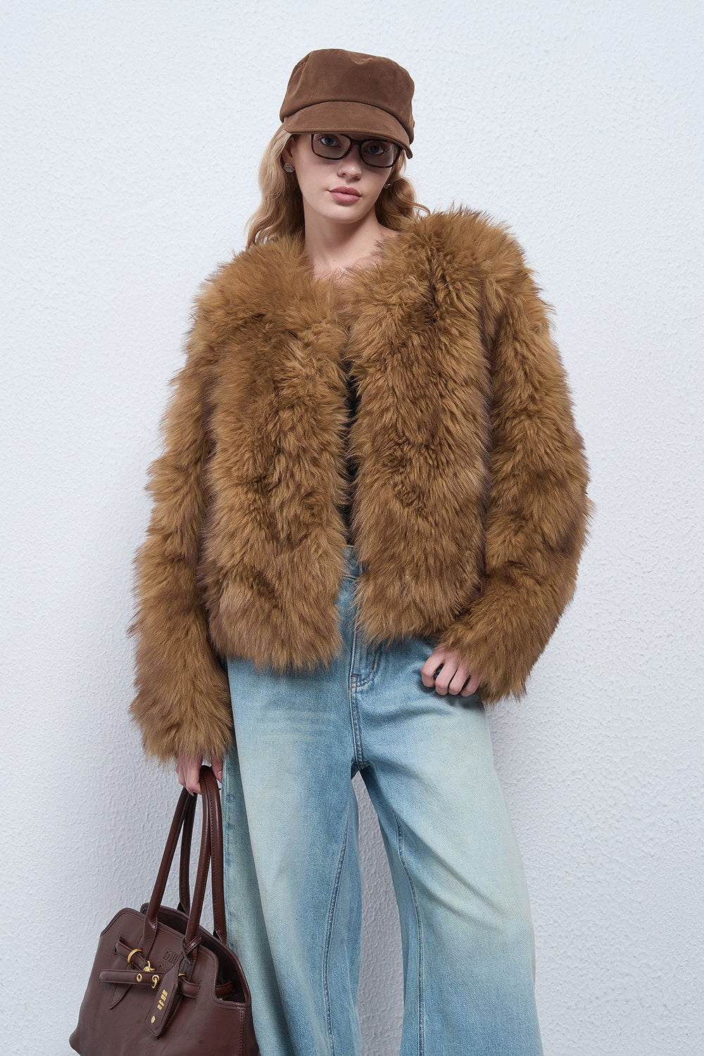 Kunstpelzjacke mit Waschbärmuster im Retro-Stil