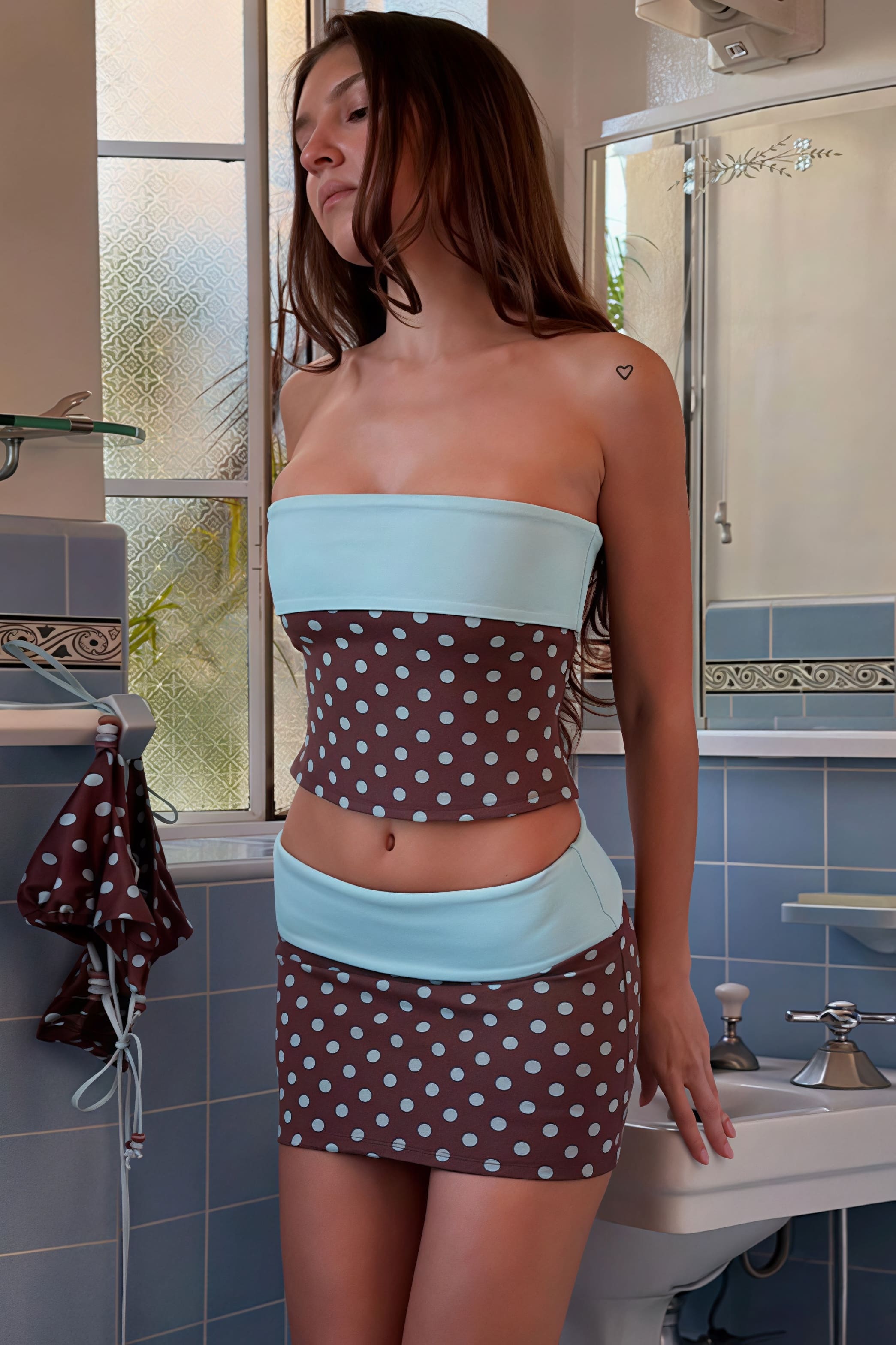 Polka Dot Bandeau Color Block Bodycon Skirt Set