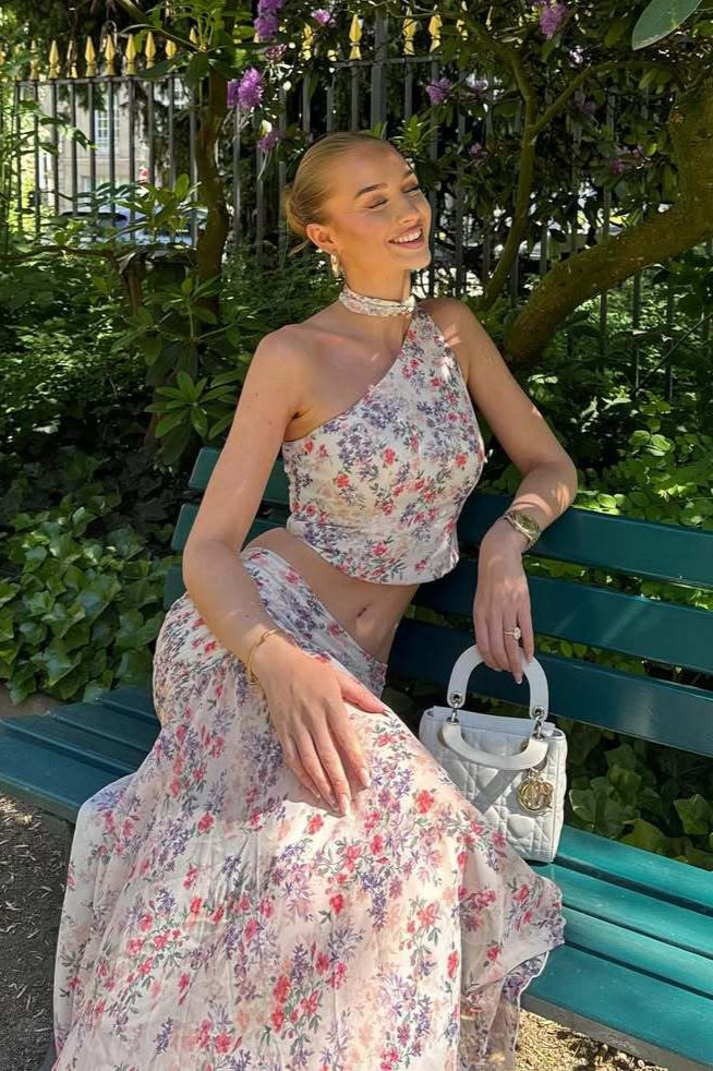 Light Pink Purple Floral One Shoulder Sleeveless Two Piece Set