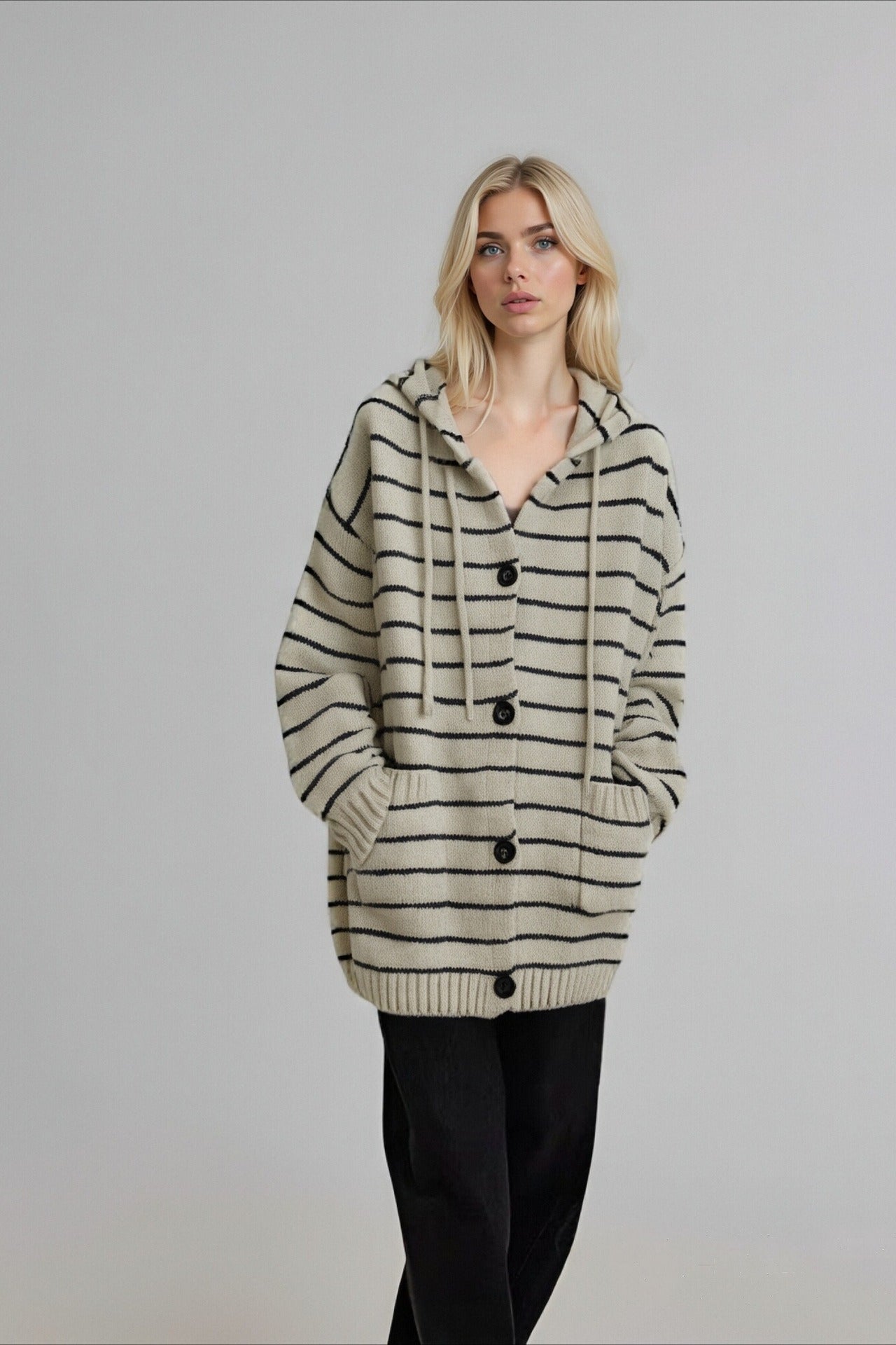 Stripe Hooded Retro Drawstring Pocket Plus Size Knit Cardigan