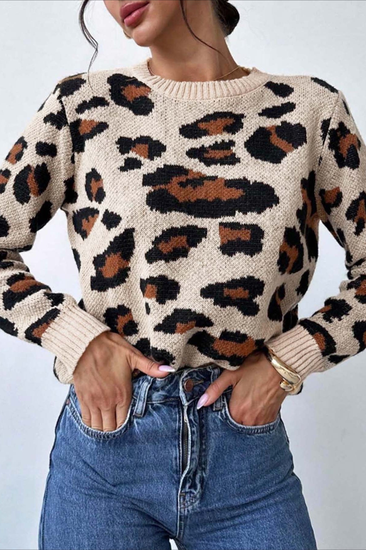 Colorblock Leopard Crewneck Sweater