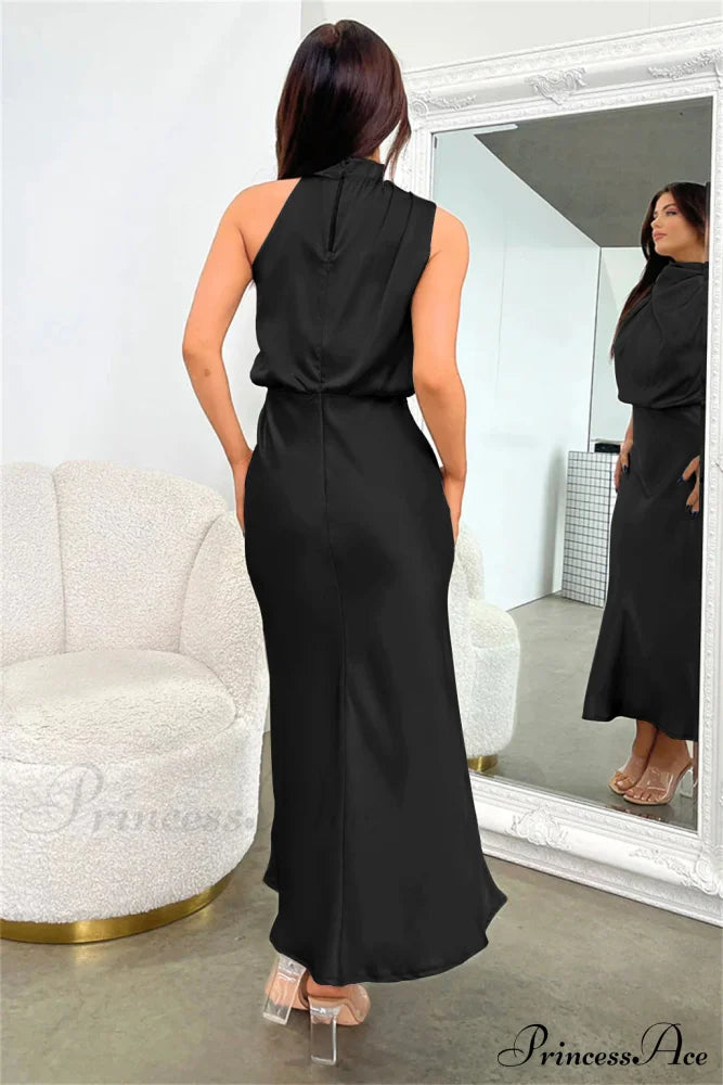 Robe midi charmante en satin extensible à manches longues Addison
